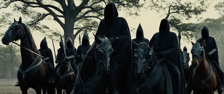 Horror-themed, <lora:The Lord of the Rings style v2:0.8>
<lora:The Lord of the Rings style:0.6>
<lora:Chiaroscuro Lighting Style:0.4>
In a Fantasy Middle-earth world in the dark ages Nazgul Ringwraiths a group of faceless reaper people riding on the backs of horses,Black Riders and also called Ringwraiths,Dark Riders,the Nine Riders,or simply the Nine,holding,weapon,outdoors,multiple boys,sword,hood,cape,holding weapon,armor,tree,holding sword,helmet,6+boys,riding,horse,horseback riding , dramatic light, dramatic shadow light, four horsemen of the apocalypse, film contrast, cinematic film color, cinematic film look, filmic, realistic, realism, perfection, perfect, movie still, fantasy drama, epic drama, fictional, Age of Wonders, Age of Empires, warriors, Medieval style, middle ages, dungeons and dragons style, different people, different, unique, kingdoms and castles, violent, aggressive, detailed, perfection, detailed face, detailed body, detailed hands, detailed eyes, sharp, horror themed, dark themed, epic fantasy adventure film style, Legendary, mythical, The Lord of the Rings style, Eerie, unsettling, dark, spooky, suspenseful, grim, highly detailed