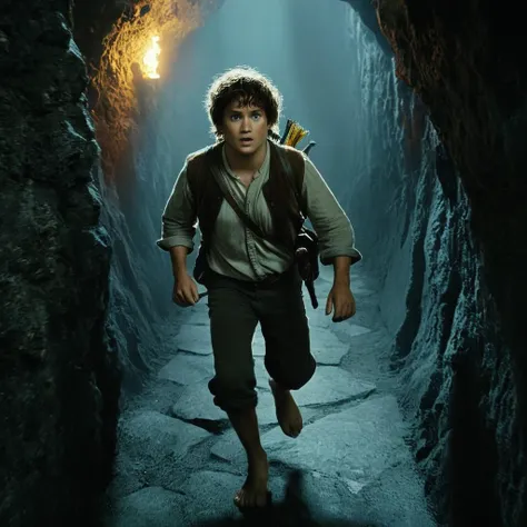 Horror-themed,  <lora:The Lord of the Rings style v2:0.6>
 <lora:The Lord of the Rings style:0.6>
 <lora:Chiaroscuro Lighting Style:0.5>
Inside mount doom In a Fantasy Middle-earth world in the dark ages a hobbit man running down a narrow hallway in a cave,solo,shirt,1boy,jacket,male focus,pants,vest,running , dramatic light, dramatic shadow light, film contrast, cinematic film color, cinematic film look, filmic, realistic, realism, perfection, perfect, movie still, fantasy drama, epic drama, fictional, Age of Wonders, Age of Empires, warriors,  Medieval style, middle ages, dungeons and dragons style, different people, different, unique, kingdoms and castles, violent, aggressive, detailed, perfection, detailed face, detailed body, detailed hands, detailed eyes, sharp, horror themed, dark themed, epic fantasy adventure film style, Legendary, mythical, The Lord of the Rings style, Eerie, unsettling, dark, spooky, suspenseful, grim, highly detailed