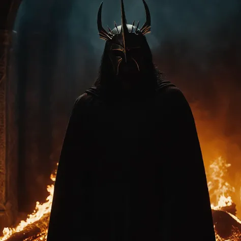 cinematic film still of <lora:The Lord of the Rings style v2:1>
In a Fantasy Middle-earth world in the dark ages Sauron Mairon Annatar a silhouette demonic person with a face fully covered in a metallic demonic armor in a dark robe standing in front of a fire,primary antagonist,ultimate evil,ruler of Mordor,The Dark Lord,Necromancer,solo,1boy,standing,male focus,from behind,glowing,crown,1other,silhouette , dramatic light, dramatic shadow light, film contrast, cinematic film color, cinematic film look, filmic, realistic, realism, perfection, perfect, movie still, fantasy drama, epic drama, fictional, Age of Wonders, Age of Empires, warriors, Medieval style, middle ages, dungeons and dragons style, different people, different, unique, kingdoms and castles, violent, aggressive, detailed, perfection, detailed face, detailed body, detailed hands, detailed eyes, sharp, horror themed, dark themed, epic fantasy adventure film style, Legendary, mythical, The Lord of the Rings style, shallow depth of field, vignette, highly detailed, high budget, bokeh, cinemascope, moody, epic, gorgeous, film grain, grainy