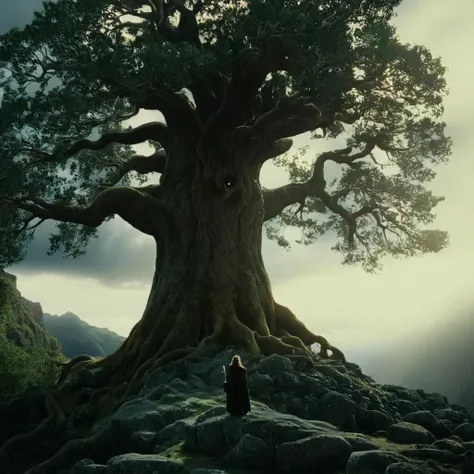 cinematic film still of  <lora:The Lord of the Rings style:1>
 <lora:Film Grain style:0.5>
 <lora:Chiaroscuro Lighting Style:0.5>
In a Fantasy Middle-earth world in the dark ages Treebeard Fangorn Sindarin a tree with a giant trunk in a rocky area,weapon,outdoors,sky,day,sword,cloud,tree,scenery,sun , dramatic light, dramatic shadow light, film contrast, cinematic film color, cinematic film look, filmic, realistic, realism, perfection, perfect, movie still, fantasy drama, epic drama, fictional, Age of Wonders, Age of Empires, warriors,  Medieval style, middle ages, dungeons and dragons style, different people, different, unique, kingdoms and castles, violent, aggressive, detailed, perfection, detailed face, detailed body, detailed hands, detailed eyes, sharp, horror themed, dark themed, epic fantasy adventure film style, Legendary, mythical, The Lord of the Rings style, shallow depth of field, vignette, highly detailed, high budget, bokeh, cinemascope, moody, epic, gorgeous, film grain, grainy