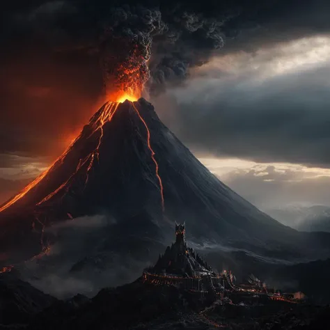cinematic film still of <lora:The Lord of the Rings style v2:1>
Mordor In a Fantasy Middle-earth world in the dark ages Location a volcano erupts out of the clouds,outdoors,sky,cloud,no humans,fire,scenery,rock,mountain,red theme,molten rock , dramatic light, dramatic shadow light, film contrast, cinematic film color, cinematic film look, filmic, realistic, realism, perfection, perfect, movie still, fantasy drama, epic drama, fictional, Age of Wonders, Age of Empires, warriors, Medieval style, middle ages, dungeons and dragons style, different people, different, unique, kingdoms and castles, violent, aggressive, detailed, perfection, detailed face, detailed body, detailed hands, detailed eyes, sharp, horror themed, dark themed, epic fantasy adventure film style, Legendary, mythical, The Lord of the Rings style, shallow depth of field, vignette, highly detailed, high budget, bokeh, cinemascope, moody, epic, gorgeous, film grain, grainy
