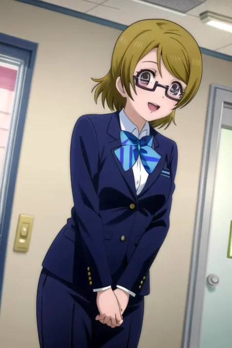<lora:hanayo-lovelive:1> hanayo koizumi, 1girl, solo, blush, jacket, open mouth, bow, looking at viewer, school uniform, otonokizaka school uniform, blazer, bowtie, glasses, semi-rimless eyewear, under-rim eyewear, blue bow, smile, striped, home-interior