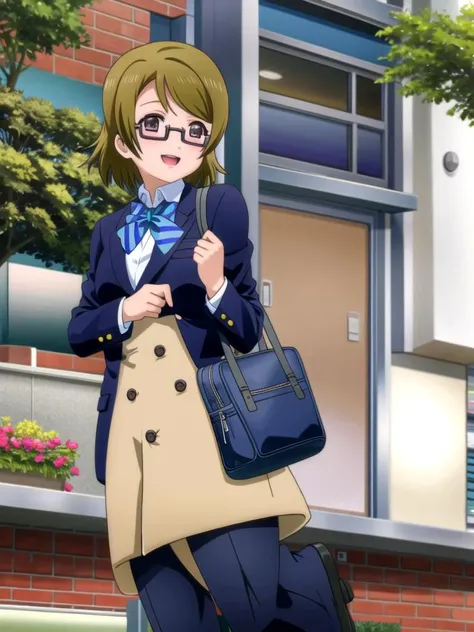 (((the-real-thing, the-real-thing-likeness)))  (((outdoors, solo, nature)))   <lora:hanayo-lovelive:1> hanayo koizumi, 1girl, solo, blush, jacket, open mouth, bow, looking at viewer, school uniform, otonokizaka school uniform, blazer, bowtie, glasses, semi-rimless eyewear, under-rim eyewear, blue bow, smile, striped