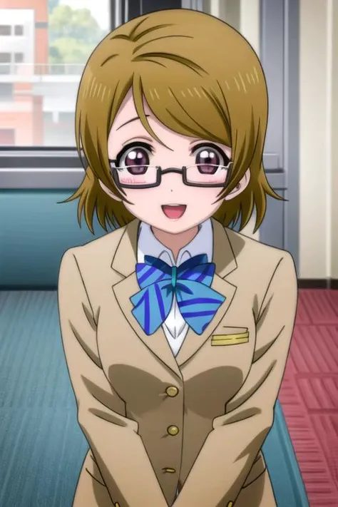<lora:hanayo-lovelive:1> hanayo koizumi, 1girl, solo, blush, jacket, open mouth, bow, looking at viewer, school uniform, otonokizaka school uniform, blazer, bowtie, glasses, semi-rimless eyewear, under-rim eyewear, blue bow, smile, striped, home-interior