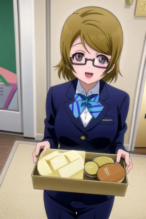 <lora:hanayo-lovelive:1> hanayo koizumi, 1girl, solo, blush, jacket, open mouth, bow, looking at viewer, school uniform, otonokizaka school uniform, blazer, bowtie, glasses, semi-rimless eyewear, under-rim eyewear, blue bow, smile, striped, home-interior