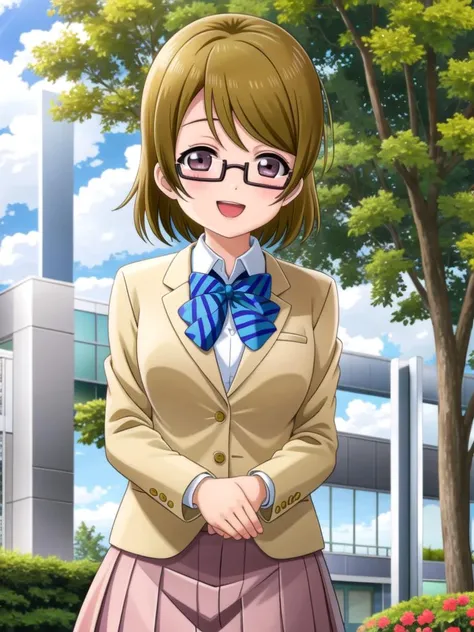 (((the-real-thing))) (((outdoors, solo, nature))) <lora:hanayo-lovelive:0.6> hanayo koizumi, 1girl, solo, blush, jacket, open mouth, bow, looking at viewer, school uniform, otonokizaka school uniform, blazer, bowtie, glasses, semi-rimless eyewear, under-rim eyewear, blue bow, smile, striped