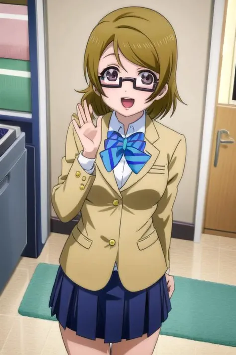 <lora:hanayo-lovelive:1> hanayo koizumi, 1girl, solo, blush, jacket, open mouth, bow, looking at viewer, school uniform, otonokizaka school uniform, blazer, bowtie, glasses, semi-rimless eyewear, under-rim eyewear, blue bow, smile, striped, home-interior