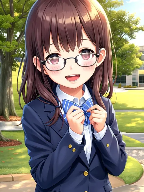 (((the-real-thing, the-real-thing-likeness))) (((outdoors, solo, nature))) 1girl, solo, blush, jacket, open mouth, bow, looking at viewer, school uniform, otonokizaka school uniform, blazer, bowtie, glasses, semi-rimless eyewear, under-rim eyewear, blue bow, smile, striped