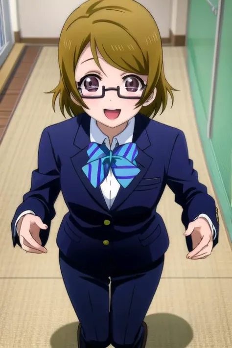 <lora:hanayo-lovelive:1> hanayo koizumi, 1girl, solo, blush, jacket, open mouth, bow, looking at viewer, school uniform, otonokizaka school uniform, blazer, bowtie, glasses, semi-rimless eyewear, under-rim eyewear, blue bow, smile, striped, home-interior
