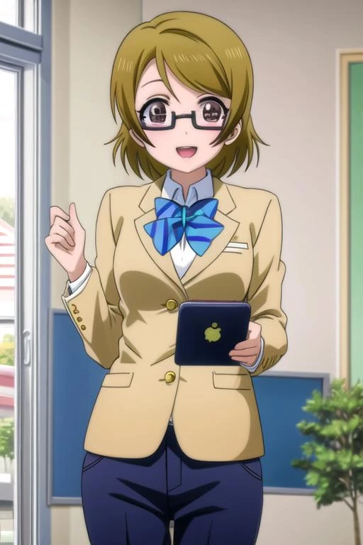 <lora:hanayo-lovelive:1> hanayo koizumi, 1girl, solo, blush, jacket, open mouth, bow, looking at viewer, school uniform, otonokizaka school uniform, blazer, bowtie, glasses, semi-rimless eyewear, under-rim eyewear, blue bow, smile, striped, home-interior