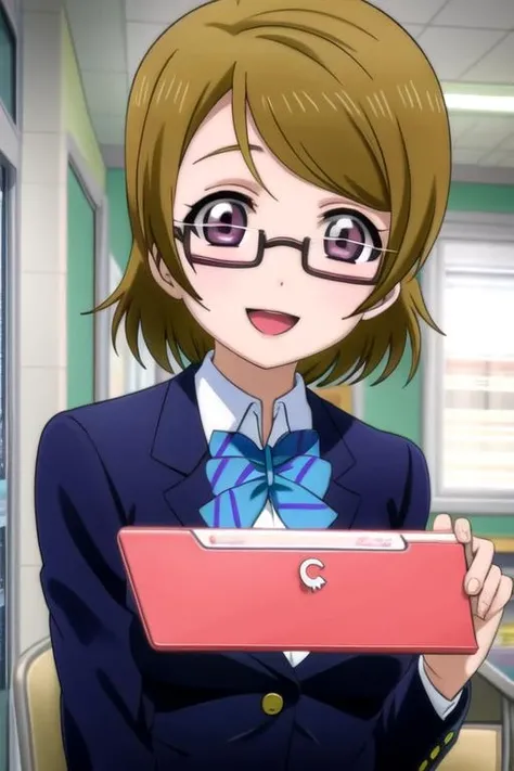 <lora:hanayo-lovelive:1> hanayo koizumi, 1girl, solo, blush, jacket, open mouth, bow, looking at viewer, school uniform, otonokizaka school uniform, blazer, bowtie, glasses, semi-rimless eyewear, under-rim eyewear, blue bow, smile, striped, home-interior