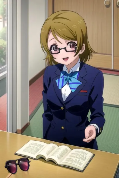 <lora:hanayo-lovelive:1> hanayo koizumi, 1girl, solo, blush, jacket, open mouth, bow, looking at viewer, school uniform, otonokizaka school uniform, blazer, bowtie, glasses, semi-rimless eyewear, under-rim eyewear, blue bow, smile, striped, home-interior