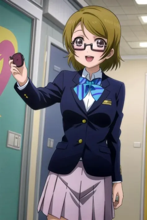 <lora:hanayo-lovelive:1> hanayo koizumi, 1girl, solo, blush, jacket, open mouth, bow, looking at viewer, school uniform, otonokizaka school uniform, blazer, bowtie, glasses, semi-rimless eyewear, under-rim eyewear, blue bow, smile, striped, home-interior