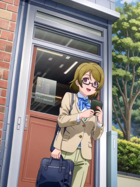 (((the-real-thing, the-real-thing-likeness)))  (((outdoors, solo, nature)))   <lora:hanayo-lovelive:1> hanayo koizumi, 1girl, solo, blush, jacket, open mouth, bow, looking at viewer, school uniform, otonokizaka school uniform, blazer, bowtie, glasses, semi-rimless eyewear, under-rim eyewear, blue bow, smile, striped
