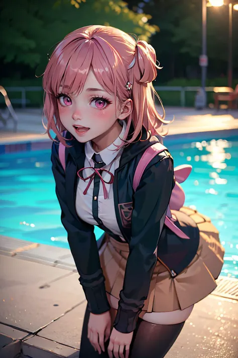 (photorealistic:1.4), masterpiece, detailed, (beautiful lighting), alluring, 1girl, <lora:leaning forward,hands on own knees:0.8>, leaning forward, hands on own knees, <lora:danganronpa2_nanami:1>, nanami chiaki, hairclip, black jacket, long sleeves, two-tone shirt, neck ribbon, brown skirt, thighhighs, backpack, (pink eyes), :D:1.3, (blushed:1.2), ((poolside))