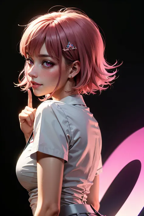 masterpiece, (photorealistic:1.4), best quality, beautiful lighting, detailed, 1girl, alluring, ((five fingers)), Nurse, ((back view)),
<lora:danganronpa2_nanami:1>, nanami chiaki, hairclip, (pink eyes), wide smile, (blushed:1.2),
(shushing:1.2), ((index finger on lips)), black background
