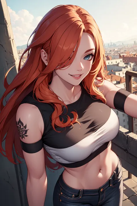 Beautiful eyes, (croptop), (black jeans), (full arm tattoo), illustration, (shop background) ((masterpiece)), (best quality), ((ultra-detailed)), beautiful detailed eyes, (wampire), ((modern landscape)), (original, highres), realism, semi-realism, (overexposure, illustration, ambient light), (beautifully detailed), (ultra-detailed), (light-shadow_symmetry:1.3), smooth, (perfect shading), (perfect rendering), (dynamic angle, natural pose), ((good anatomy)), (smile), demonic aura, (luscious ginger hair), (hair over one eye), (detailed face), ((intricate face)), smile, depth of field, dynamic from above, cinematic lighting, (photorealistic), (sharp-focus)