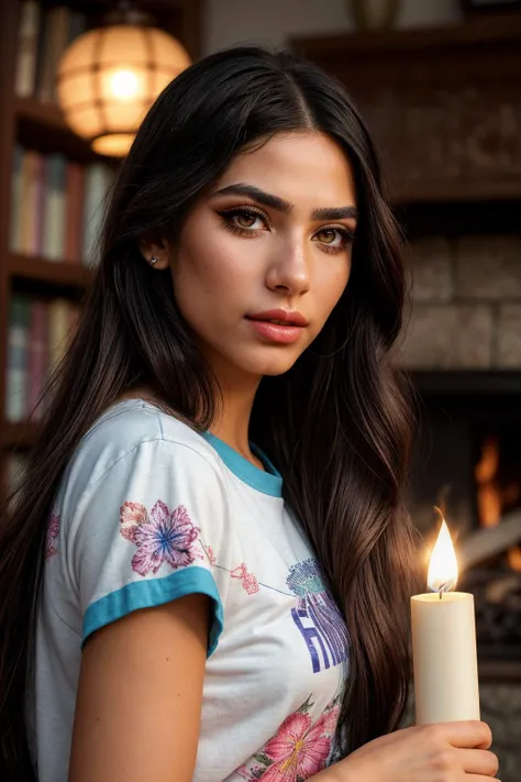 photo of (EPHud43lmuft1:0.99), closeup portrait, perfect hair, (modern photo, Floral print t-shirt with a burst of oversized, brightly colored blossoms), 24mm, (analog, cinematic, film grain:1.3), ((mystical time-loop library, fireplace, porcelain tiles,eccentric wefts tapestry, fire torch or tiki torch,gas lanterns, smart lighting,fantasy, gradient:1.1)), ((detailed eyes)), ((eyeliner, long lashes)), (epicPhoto), long eyelashes, (perfect waist), (painted lips)