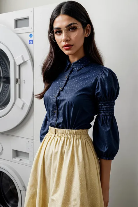 photo of (EPHud43lmuft1:0.99), closeup portrait, perfect hair, (modern photo, Vintage Charm: A pastel yellow collared shirt with puffed sleeves paired with a high-waisted, polka dot flared skirt. Complete the look with a vintage-inspired hairdo and cat-eye sunglasses.), 24mm, (analog, cinematic, film grain:1.3), ((high-tech research laboratory, bedsheets,washing machine,dragon egg,futuristic gadgets,pillows, lapis lazuli, bioluminescent organisms, wall washing, raypunk, gradient:1.1)), ((detailed eyes)), ((eyeliner, long lashes)), (epicPhoto), long eyelashes, (perfect waist), (painted lips)