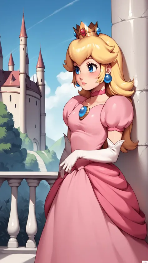 score_9,score_8_up,score_7_up,score_6_up,score_5_up,score_4_up BREAK <lora:Lunas-JLullaby-SDXL-A3:0.8>,jlullaby,source_anime,1girl,standing,blush,princess peach,pink dress,shiny skin,shiny dress,blonde hair,skinny,blue eyes,crown,gloves,choker,outdoors, castle, bloom,