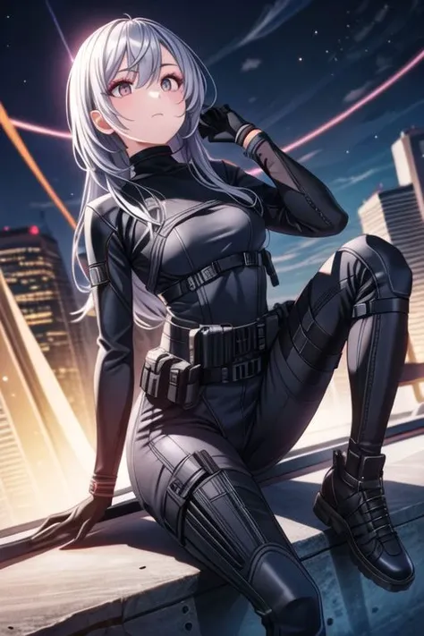 techwear, black clothes, turtleneck, cargo pants, belts, silver hair, long hair, makeup, best quality, highres, 4K, masterpiece, hotify, detailed clothes, egirl, small breast