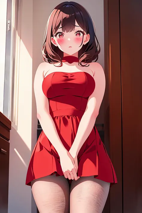 (masterpiece, best quality), 1girl, red dress, pantyhose, cute face, blush,