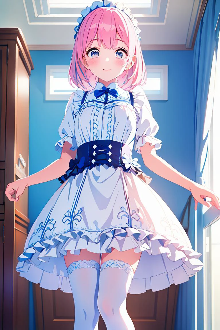 (masterpiece, best quality), 1girl, blue and white frill dress, (white stockings), pink hair, cute face, standing, indoor, intricate detail, sunlight,