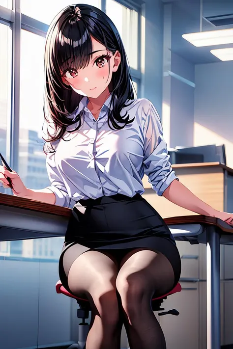 (masterpiece, best quality), a young black haired girl office secretary dressed in a transparent white blouse and black office skirt and black pantyhose ,sitting in an office chair, holding pencil, (detailed skin:1.3),(detailed eyes), (sharp focus), <lora:add_detail:1>