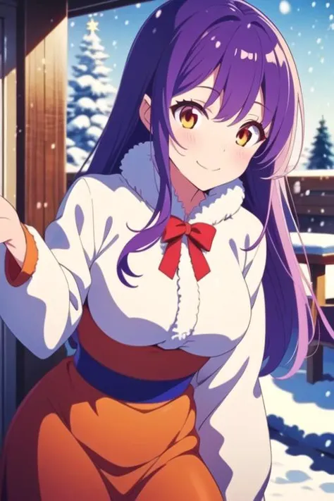 masterpiece, best quality, ultra detailed, anime style, 1girl, young, cute, medium long hair, silver purple hair, orange eyes, large breasts, christmas costume, sexy costume, outside, snow, snowing, warm, beautiful face, happy,
