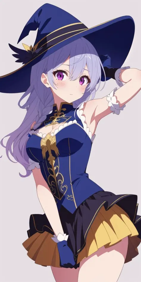 hotify,looking at viewer,witch hat,jewelry,adjusting headwear,frills,mole under eye,mole on armpit,white gemstone,blue dress,punishing: gray raven,hair between eyes,gold ribbon,braid,grey background,solo,mole,dress ribbon,blue background,purple headwear,highres,breasts,puffy short sleeves,high-low skirt,aqua eyes,hat,puffy sleeves,side braid,cowboy shot,cross-laced clothes,blue ribbon,second-party source,frilled dress,cowlick,small breasts,black ribbon,blue gloves,breast ribbon,halterneck,absurdres,blue sleeves,1girl,gloves,ribbon,dress,long hair,brooch,adjusting clothes,commandant \(punishing: gray raven\),bare shoulders,detached sleeves,cross-laced dress,short sleeves,wrist ribbon,halter dress,xe367,pink eyes,puffy detached sleeves,large hat