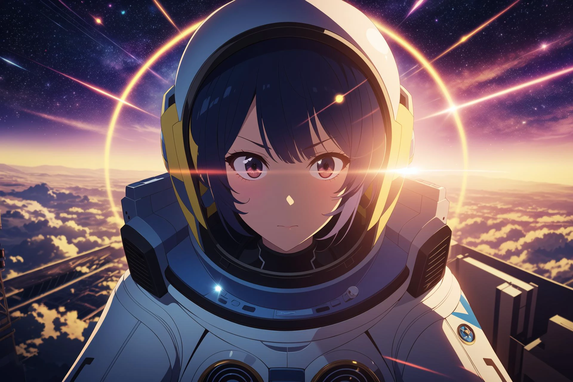 girl,makeup,hotify,portrait,astronaut,space,from_above,stars,jumping,serious,floating,afar,[spaceship:0.1],helmet,(jetpack),planets,colorful,lens_flare,flare (masterpiece,detailed,highres:1.4)