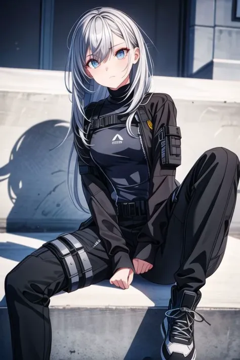 techwear, black clothes, turtleneck, cargo pants, belts, silver hair, long hair, makeup, best quality, highres, 4K, masterpiece, hotify, detailed clothes, egirl, small breast