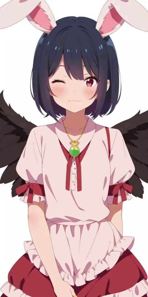 hotify,animal ears,white background,pink shirt,solo,red eyes,dress,:3,ribbon-trimmed dress,ribbon-trimmed sleeves,cowboy shot,looking at viewer,rabbit girl,ribbon,pink dress,floppy ears,puffy sleeves,frilled sleeves,carrot necklace,v,inaba tewi,rabbit ears,frills,shirt,chahan \(fried rice0614\),necklace,one eye closed,1girl,red ribbon,wavy hair,short sleeves,chibi,puffy short sleeves,blush,black hair,neck ribbon,jewelry,touhou,short hair,simple background,tail,rabbit tail,ribbon trim