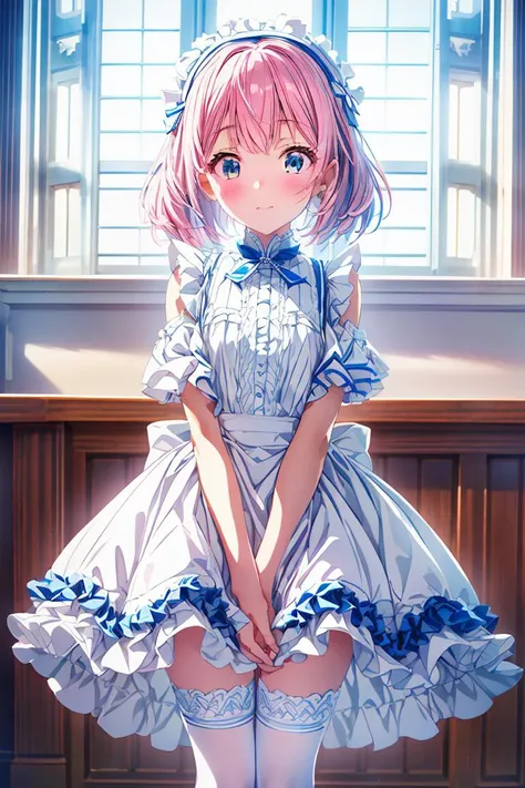 (masterpiece, best quality), 1girl, blue and white frill dress, (white stockings), pink hair, cute face, standing, indoor, intricate detail, sunlight, <lora:add_detail:1>