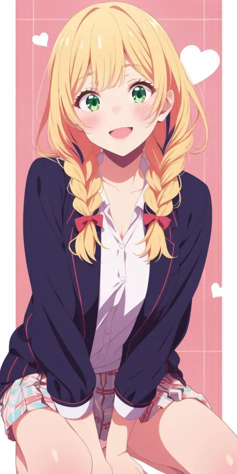 hotify,highres,twin braids,sparkling eyes,green eyes,d4dj,bakkanda,blush,white background,absurdres,plaid,open mouth,looking at viewer,solo,1girl,plaid background,heart,fukushima noa,braid,multicolored background,long hair,smile,pink background,blonde hair