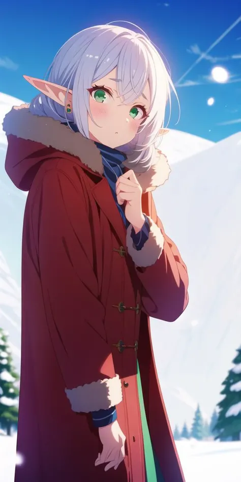 hotify,coat,scarf,o3o,looking at viewer,blowing kiss,winter clothes,thick eyebrows,frieren,heart,absurdres,elf,sousou no frieren,long hair,1girl,pointy ears,official alternate costume,parted bangs,highres,green eyes,puckered lips,solo,winter coat,earrings,omotikaeri,jewelry,twintails,white hair