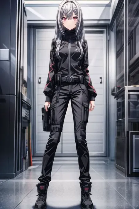 techwear, black clothes, turtleneck, cargo pants, belts, silver hair, long hair, makeup, best quality, highres, 4K, masterpiece, hotify, detailed clothes, egirl, small breast