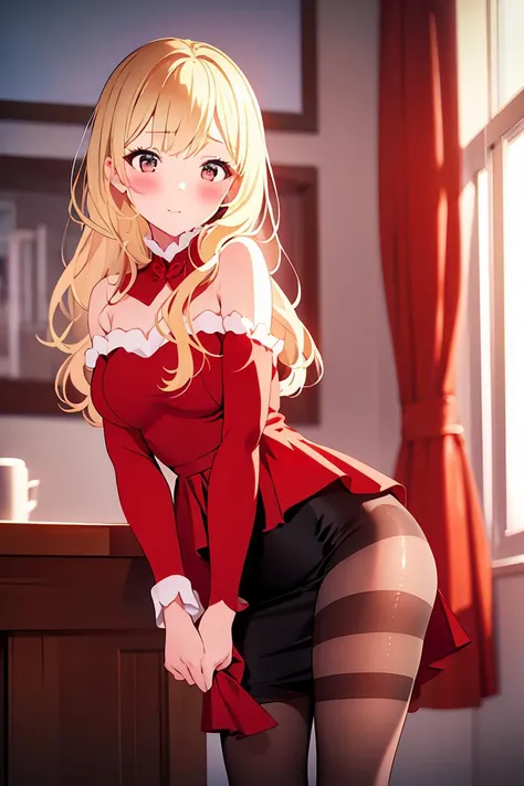 (masterpiece, best quality), 1girl, blonde hair, red dress, pantyhose, cute face, blush,