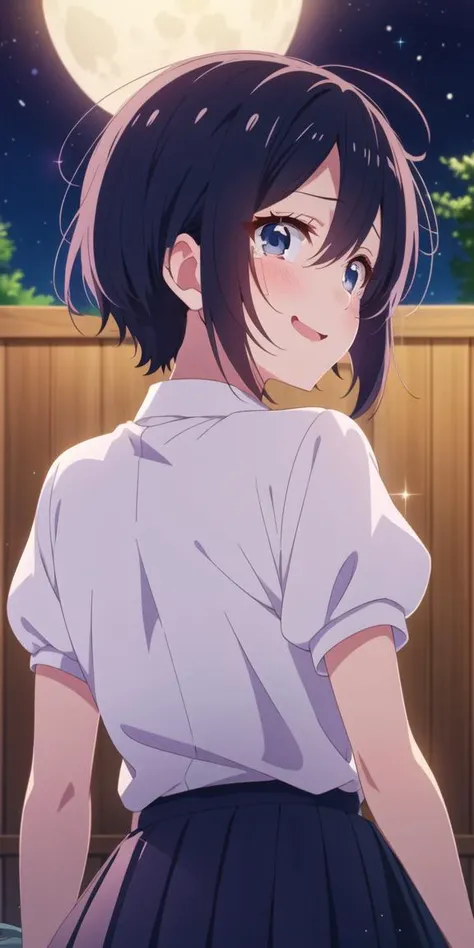 hotify,open mouth,crying,light particles,looking at viewer,shirt,1girl,double-parted bangs,shirt tucked in,hair between eyes,skirt,blue eyes,night sky,happy tears,wooden fence,pleated skirt,looking back,tearing up,smile,fence,black hair,blurry,blurry background,full moon,from behind,moon,crying with eyes open,tears,night,highres,sky,outdoors,wiping tears,white shirt,sakura \(39ra\),solo,black skirt,upper body,short sleeves