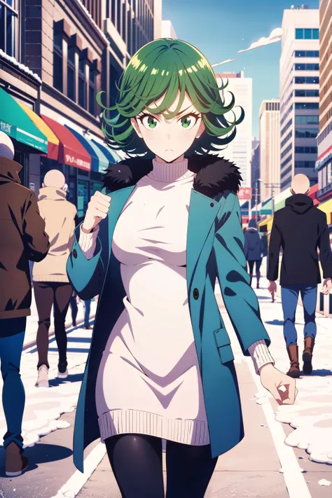 masterpiece, best quality, 1girl, shiny skin, tatsumaki, one-punch man, green hair, green eyes, small breasts, outdoors, city, winter, sweater dress, puff coat, leggings, wind, snow, cowboy shot,