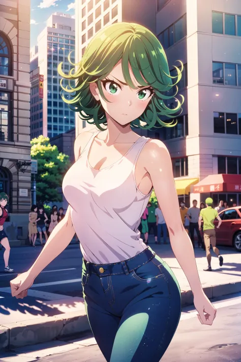 masterpiece, best quality, 1girl, tatsumaki, one-punch man\(series\), shiny skin, cinematic lighting, bloom, small breasts, looking at viewer, vivid color, green hair, green eyes, solo, smooth skin, loose fitting clothes, white tank top, sleeveless, jeans, outdoors, city, daytime, dynamic pose, dynamic angle,