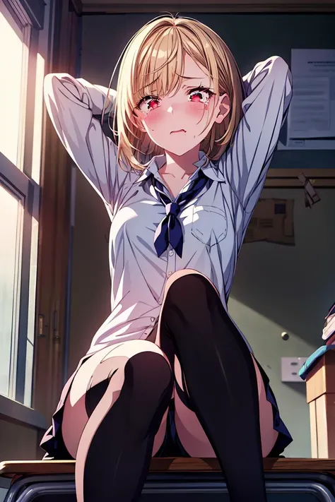 (masterpiece, best quality), 1girl, solo,sitting on a desk, beautiful face, blonde hair, torn clothes, torn legwear, dark school uniform, black thighhighs, moldy room, scared,crying, terrified face, itricate details, tied arms behind head, dark atmosphere, danger, <lora:add_detail:1>