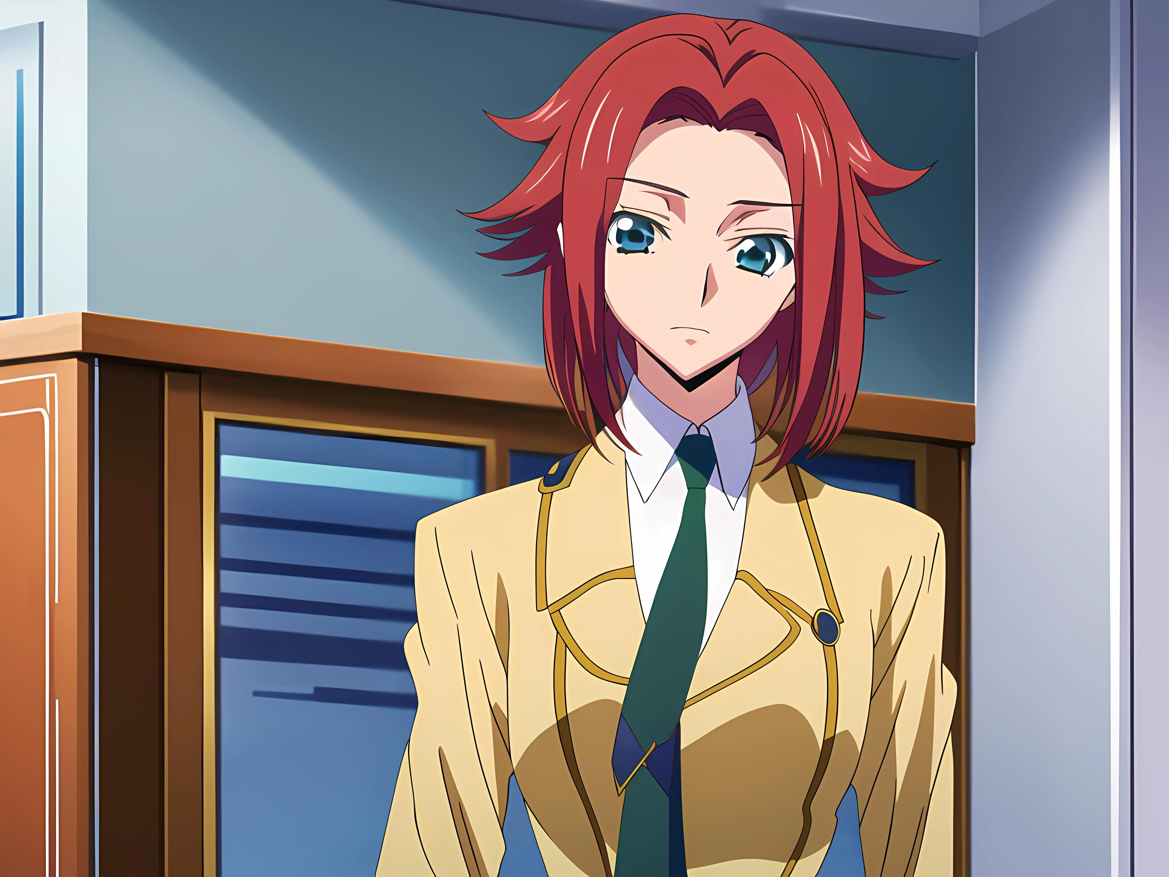 codeGeass <lora:codeGeass_offset:1>, kallen stadtfeld, 1girl, solo, ashford academy uniform, red hair, school uniform, blue eyes, necktie, short hair, green necktie, anime coloring, parody, upper body