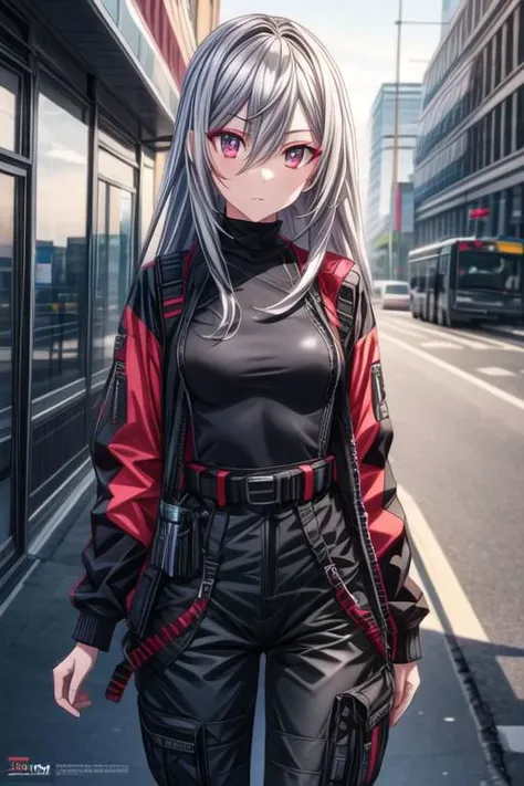 techwear, black clothes, turtleneck, cargo pants, belts, silver hair, long hair, makeup, best quality, highres, 4K, masterpiece, hotify, detailed clothes, egirl, small breast