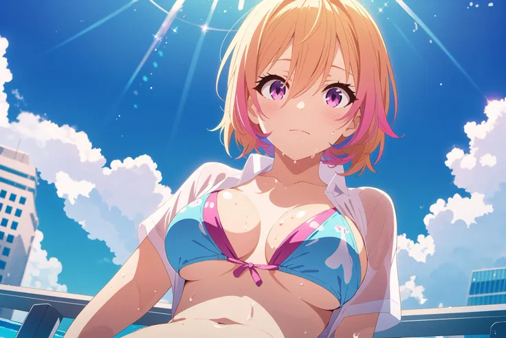 tsurui,looking at viewer,open ,pink hair,breasts,swimsuit,multicolored hair,lying,white shirt,medium breasts,upper body,colored tips,hair between eyes,see-through,wet,pink bikini,see-through shirt,short sleeves,wet clothes,blonde hair,idolmaster million live!
