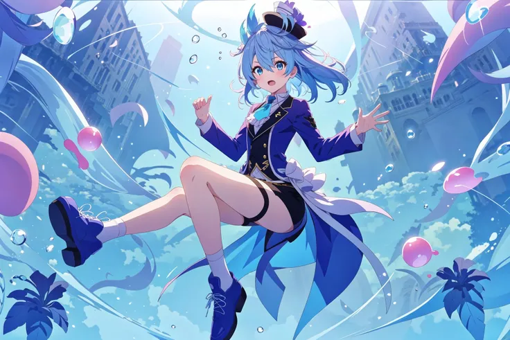 hotify,inzaniak,bow,heterochromia,2r- (pixiv8168114),blue headwear,full body,sidelocks,hair between eyes,multicolored hair,blue ascot,open mouth,blue jacket,blue eyes,legs,air bubble,blue hair,white shorts