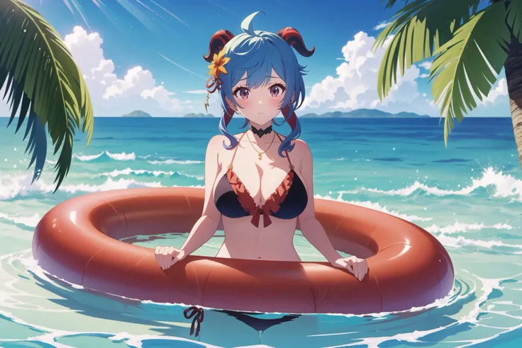necklace,hair ornament,breasts,highres,horns,bikini,solo,sidelocks,1girl,hair flower,absurdres,ganyu (genshin impact),red flower,cleavage,innertube,tu (to sse),rose,blush,long hair,swimsuit