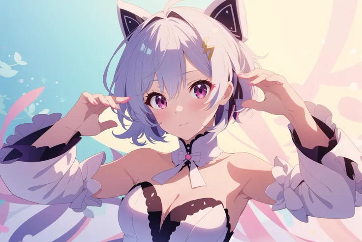 hotify,inzaniak,ribbon,two-tone dress,looking at viewer,polka dot background,strapless,white hair,bare shoulders,solo,white sleeves,pink ribbon,detached sleeves,hair ornament,armpit peek,pink eyes,layered sleeves,official alternate costume