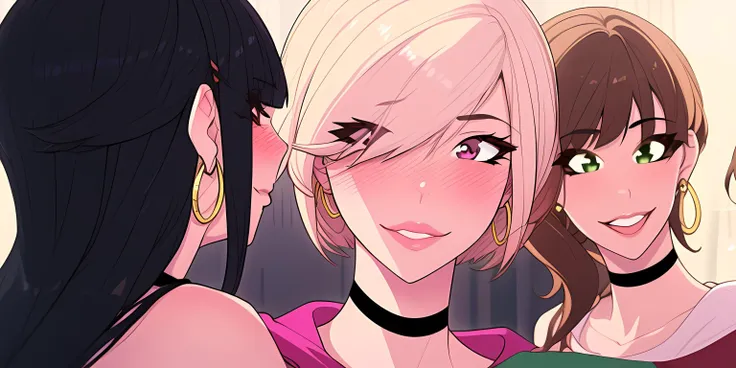 masterpiece, best quality, 3girls, Ray tracing, hdr, volumetric lighting, close-up, portrait, choker, hoop earrings, facing viewer, BREAK
black hair, hime cut, long hair, straight hair, enchanting aqua eyes, worried, thick lips, BREAK
blonde hair, bob cut, wavy hair, short hair, lustful pink eyes, aroused, blush, hair over one eye, BREAK
brown hair, high ponytail, fluffy hair, medium hair, playful green eyes, happy, smile, <lora:KTF_04:1>