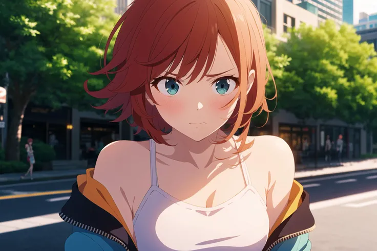 hotify,inzaniak,outdoors, park,looking to the side,off shoulder,makeup,bare shoulders,wavy hair,scowl,off-shoulder jacket,orange tank top,medium hair,collarbone,solo,portrait,red hair,closed mouth,jacket,tank top
